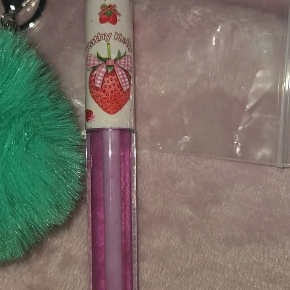Green Fluffy Keychain with Pink Lip Gloss - Picture 2 of 3